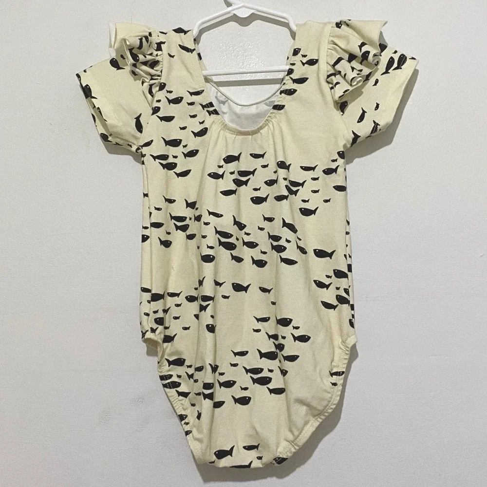 Lola & Stella Girls Flutter Sleeve Leotard Body Suit Fish Print 5T Without Snaps